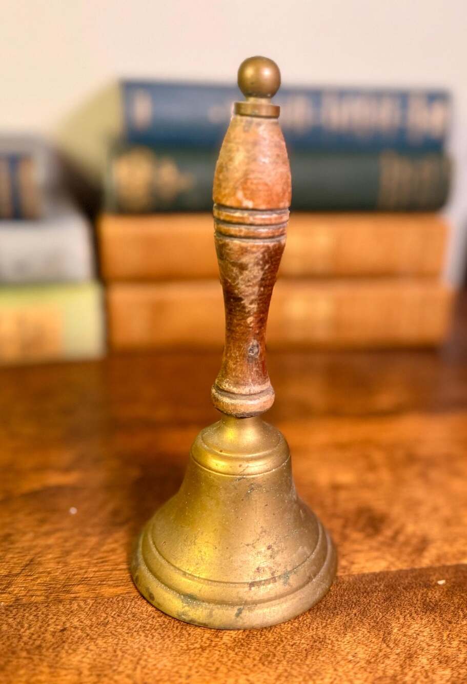 Vintage Brass Hand Bell | Turned Wood Handle, Mid-Century Decor